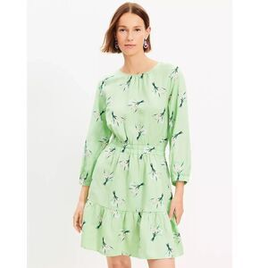 Loft Green Floral Linen Blend Tiered Mini Dress Size Large Cottagecore New